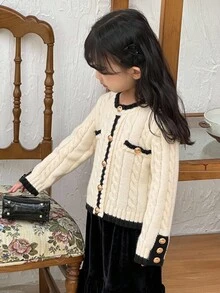 DAZY Cárdigan de cuello redondo con trenzado frontal de estilo coreano de punto de cable para niña, otoño e invierno - Blanco - Ver 6