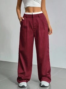 SHEIN EZwear Wine Red Contrast Color Straight Leg Pants, Plus Size - Burgundy - View 6