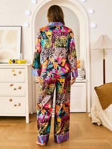 Chillnights 豹纹条纹撞色缎面女士睡衣套装，热带丝滑睡衣套装，秋冬服装 - 彩色 - 查看 2