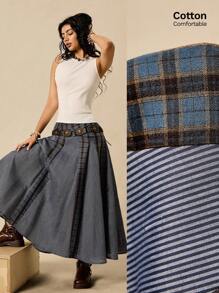 Easelle Falda larga a cuadros de otoño temprano 2025 para mujer, de múltiples capas, todo a juego, casual, retro, acampanada, patchwork, a rayas, retro, a cuadros, bohemia, occidental - Azul Marino - Ver 3