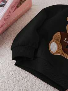 SHEIN 3pcs/Set Baby Girl Cute Black Furry Cartoon Pattern Hooded Vest Sweatshirt & Elastic Waist Pants Outfit, Autumn/Winter, Thermal Lined Fall - Black - View 9