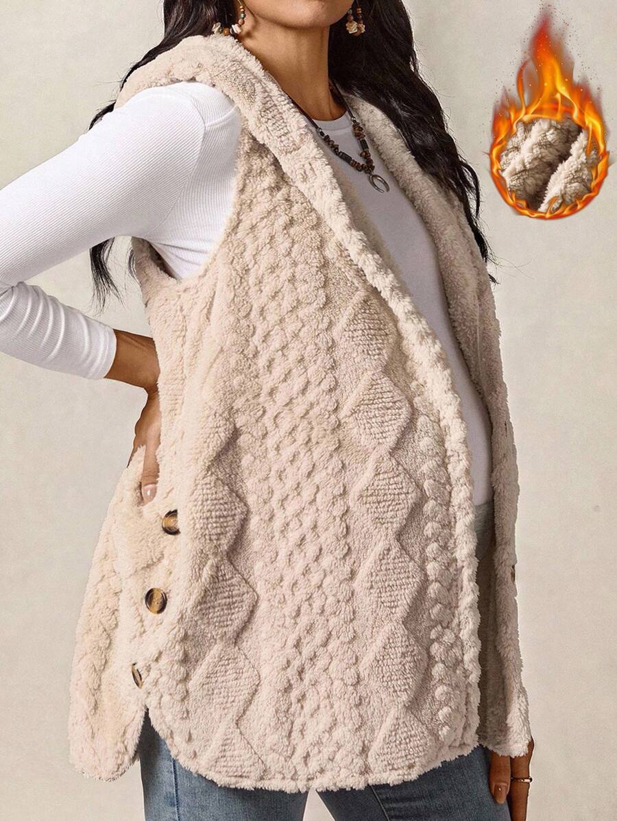 Boho Mama 孕妇休闲纯色无袖连帽开衫，秋冬 - 卡其色 - 查看 1