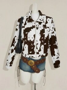 SHEIN ICON Fall/Winter Women's Western Boho Cow Print Zip Front Cropped Long Sleeve Jacket - Multicolor - View 7