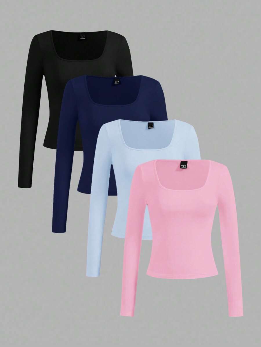 SHEIN Essnce Bộ 4 áo thun cổ tròn tay dài màu trơn đơn giản, thoải mái dành cho nữ, phù hợp cho mùa thu/đông - Nhiều màu - Xem 1