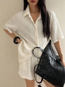 Livesso Women's Summer Short Sleeve Shirt Top And Loose Shorts 2 Pieces Set Lounge Sets For Women Short Sets For Women School - White - View 1