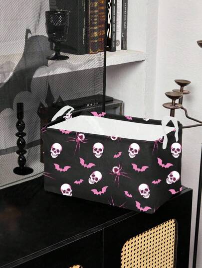 Goth 1 pieza Cesta de almacenamiento con estampado de ojos, arañas, calaveras y murciélagos en fondo negro, adecuada para dormitorio, sala de estar y baño