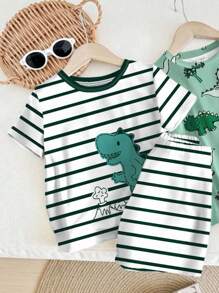 SHEIN 2件套男婴宽松休闲睡衣套装，适合夏季穿着，恐龙图案，夏季男婴睡衣，恐龙服装，男婴睡衣 - 彩色 - 查看 4