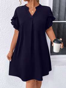 EURMUSE Plus Size Women's Solid Color V-Neck Ruffle Sleeve Casual Loose Dress - Navy Blue - View 4