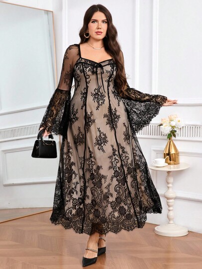 Modelyn Plus Size Floral Print Sheer Sexy Long Sleeve Dress