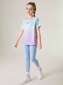 SHEIN Tween Girls 2pcs Set T-Shirt + Leggings, Yoga, Running, Workout Elastic Colorful Campus Street Fashion Sportswear - Blue - View 3