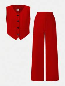 SHEIN 2pcs Vintage American Leopard Print Girl's Basic Short Sleeve Top And Long Pants Set, For Teenage Girls - Red - View 3