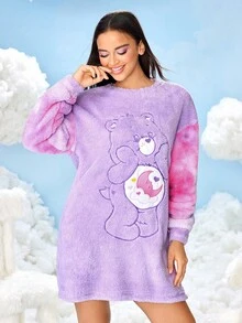 SHEIN X Care Bears Women's Bear Embroidered Crew Neck Long Sleeve Winter Nightgown, Fall - Purple - View 1
