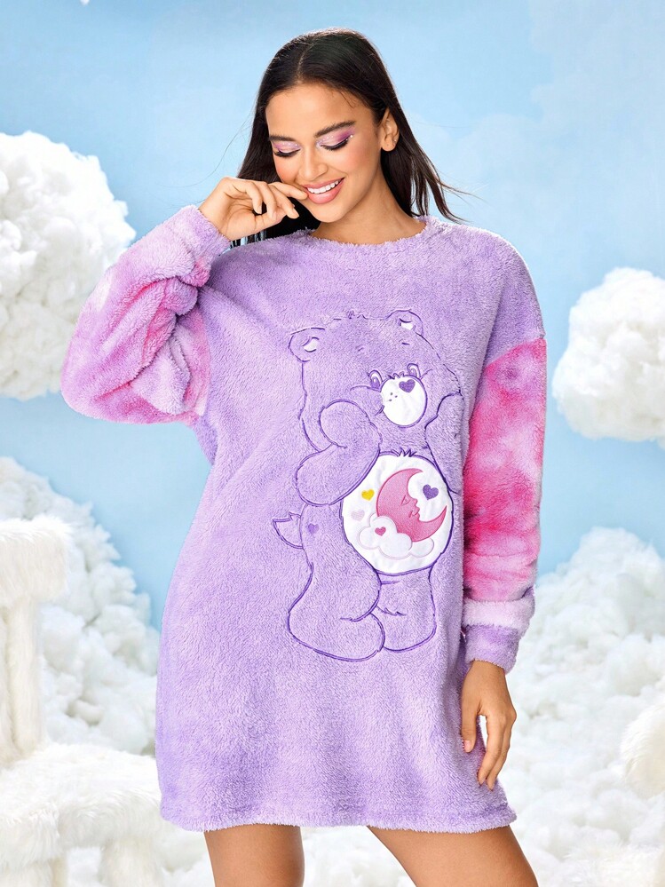 SHEIN X Care Bears Women's Bear Embroidered Crew Neck Long Sleeve Winter Nightgown, Fall - Purple - View 1