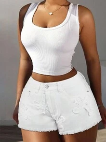 SHEIN ICON 女式休闲浅色磨边牛仔短裤 - 白色 - 查看 8