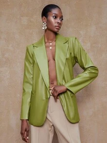 SHEIN Privé VITNOS 新款秋冬高端女士休闲日常通勤女士纯色 PU 皮革翻领长袖时尚西装外套绿色西装外套女士女士仿皮西装外套绿色仿皮西装外套女士西装外套配腰带女士西装外套 - 薄荷綠 - 查看 6