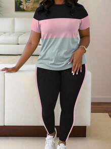 INAWLY 2 件夏季休闲女式短袖拼色 T 恤和裤子套装 - 彩色 - 查看 1