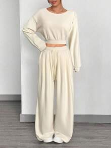 SHEIN EZwear 2件套女士针织斜肩上衣和裤子休闲套装 - 杏色 - 查看 6