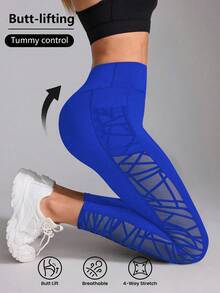 Easithlete Flocked & Mesh Patchwork High Waist Sports Leggings - Blue - View 3