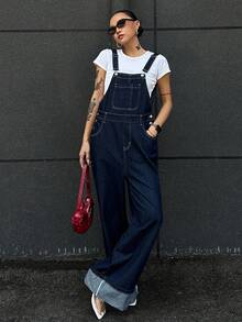 Livesso 女式休闲水洗卷边牛仔背带裤工装裤 - 黑色 - 查看 4