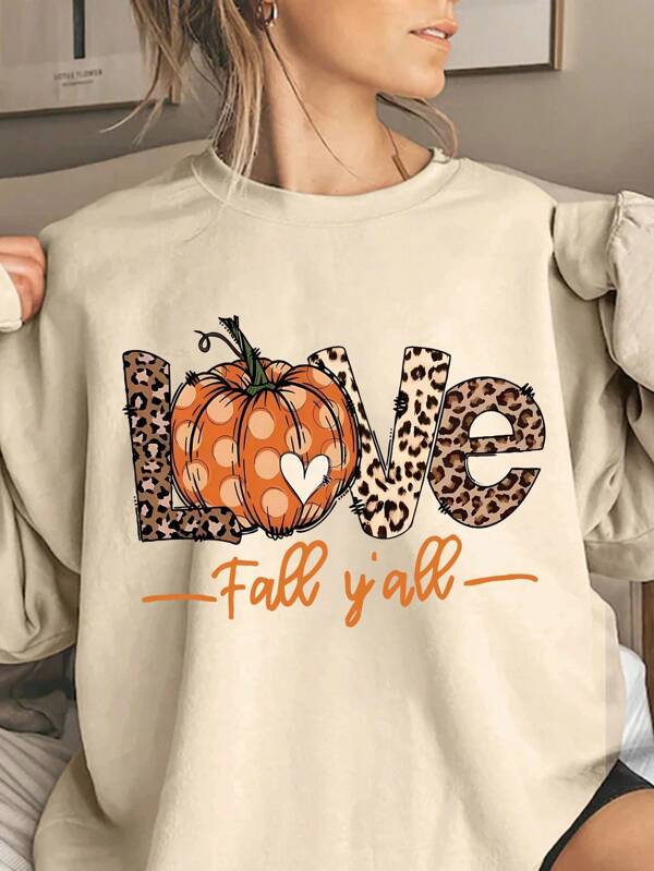 DrmWander Plus Size Pumpkin, Leopard Print & Letter Graphic Crew Neck Sweatshirt, Autumn/Winter