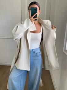 Livesso 秋冬新款宽松休闲加厚风衣女式常规外套女式大衣 - 卡其色 - 查看 3