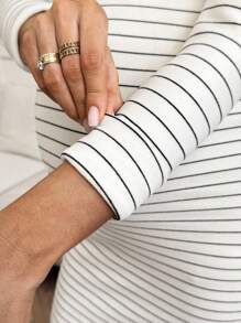 SHEIN 秋装，秋季服装，孕妇装 秋冬孕妇装 撞色条纹圆领长袖连衣裙 孕妇装 长袖孕妇装 孕妇装 条纹孕妇装 孕妇装 - 杏色 - 查看 4