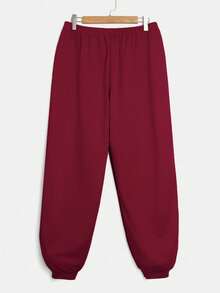 SHEIN EZwear 2 件酒红色加大码连帽宽松长袖运动衫和松紧腰长裤套装连帽衫和运动裤套装运动服 2 件套休闲套装女式舒适套装 - 酒紅色 - 查看 4