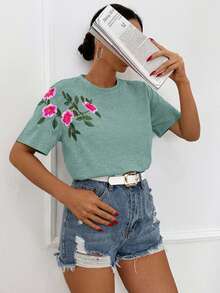 EURMUSE Áo thun cotton 100% thêu hoa, cổ tròn - Màu xanh Bạc hà - Xem 3