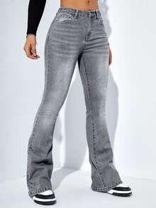 EURMUSE Women's Fashion Casual Pocket Flared Jeans - Light Grey - View 3