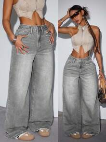 EURMUSE 女士宽松直筒蓝色牛仔裤、阔腿女裤、宽松女裤、女士牛仔裤 - 灰色 - 查看 1