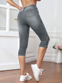 EURMUSE 女士时尚休闲口袋牛仔七分裤 - 灰色 - 查看 2