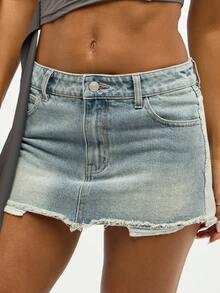 SUMWON WOMEN Custom Denim Mini Skirt With Jersey Number 23 Varsity Style Patch Design Classic Jean Raw Hem Edge Festival Summer Retro Athletic Inspired Fashion - Light Wash - View 6