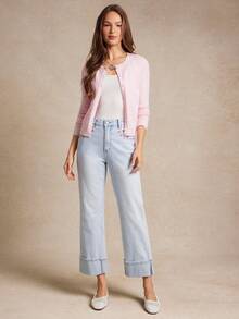 High Rise Bow Embroidered Cuff Slim Straight Denim Jeans Summer Vacation Country Concert - Light Wash - View 3
