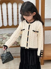 DAZY Cárdigan de cuello redondo con trenzado frontal de estilo coreano de punto de cable para niña, otoño e invierno - Blanco - Ver 1