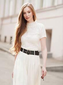 Anewsta 女士优雅度假沙滩休闲针织纹理褶皱杏色短袖T恤