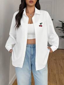SHEIN EZwear 大尺碼女款櫻桃刺繡休閒長袖翻領鈕扣襯衫，秋季時尚女式上衣 - 彩色 - 查看 5