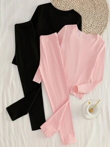 Set de 2 piezas de top de manga larga con cuello redondo y leggings forrados térmicamente de unicolor básico informal para niñas preadolescentes - Multicolor - Ver 3