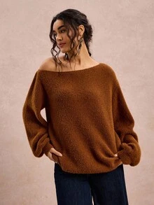 Freevana Áo len cổ lệch màu trơn dáng rộng, cỡ lớn, thích hợp mặc mùa Thu/Đông cho nữ, phong cách Halloween, trang phục phương Tây, áo len Boho, áo len trễ vai, áo len phong cách Rave, áo len mùa Đông thu, phong cách Fairycore, áo len công sở, áo len dự tiệc, áo len màu cam cháy. - màu nâu - Xem 3