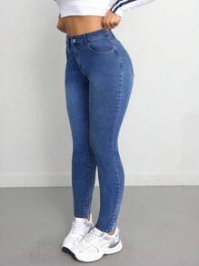 SHEIN Tall CURVE 大码女款蓝色牛仔弹力紧身裤 - 中等水洗藍 - 查看 3