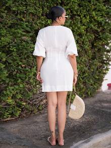 Melissa Matos 女士迷你连衣裙，纯色，长袖，简约时尚，适合夏季 - 白色 - 查看 2