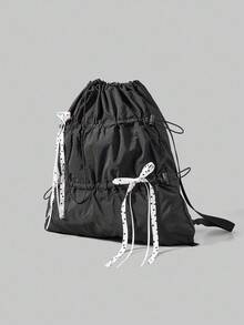 ROMWE Grunge Punk Y2K Cute & Sexy Bow Drawstring Backpack, Minimalist Silver Tech-Inspired Cinch Pouch, Waterproof Lightweight Large Capacity Foldable Storage Bag, Gym Bag, Suitable For Casual, Travel, Commute And Daily Use - Black - View 3