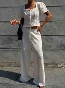 Livesso Conjunto de 2 piezas de top de manga corta de ajuste holgado blanco y pantalones de pierna ancha, conjunto de ropa de estar en casa de verano para mujeres - Blanco - Ver 7