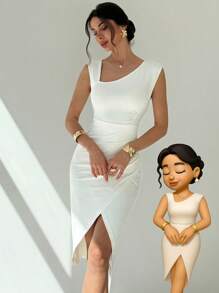 Firerie Vestidos midi para mujer, modestos, ropa de mujer para otoño, casual de negocios, estilo old money, atuendos de campo, blusas para salir, atuendo de viaje para el aeropuerto, de vuelta a la escuela, vestidos blancos, vestido asimétrico de unicolor con cuello plisado sin mangas y cintura esbelta de longitud media, vestido maxi blanco, atuendo de invitada de boda, cita de San Valentín, vacaciones, uso diario - Blanco - Ver 2