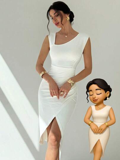 Firerie Vestidos midi para mujer, modestos, ropa de mujer para otoño, casual de negocios, estilo old money, atuendos de campo, blusas para salir, atuendo de viaje para el aeropuerto, de vuelta a la escuela, vestidos blancos, vestido asimétrico de unicolor con cuello plisado sin mangas y cintura esbelta de longitud media, vestido maxi blanco, atuendo de invitada de boda, cita de San Valentín, vacaciones, uso diario