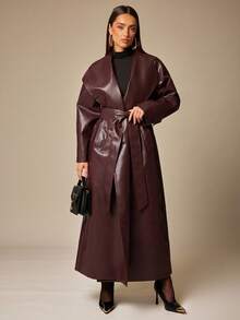 Silquee 女士纯色时尚长款翻领风衣长款外套女士长款外套皮革外套仿皮外套皮革风衣女秋冬长款外套 - 酒紅色 - 查看 5