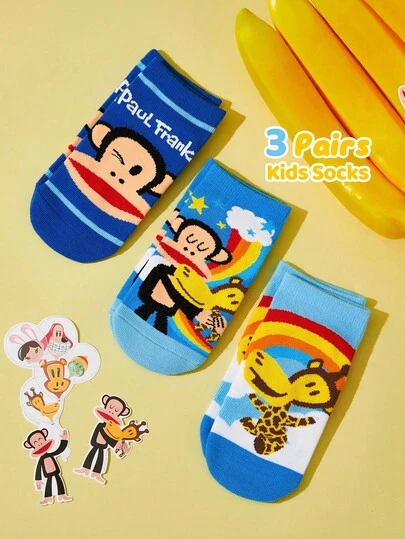 Paul Frank X SHEIN 3 Pairs Cotton Soft & Breathable Moisture-Wicking Kids Short Socks Blue Cute Monkey Cartoon Pattern Ankle Socks Reinforced Toe & Heel For Durability Unisex For Boys & Girls All Seasons All-Match School & Outdoor Summer Winter