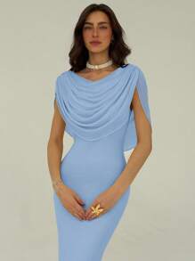 Aloruh Women Solid Color Drape Fit And Flare Dress Blue - Blue - View 3