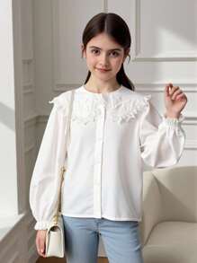 SHEIN Leap Crew 運動/休閒純色織物Peter Pan領長袖上衣，適用於女童 - 白色 - 查看 1