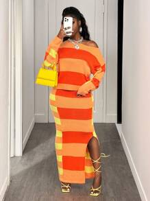 BamGleam 女式休闲条纹宽松上衣和条纹开衩下摆裙套装 - 香檳色 - 查看 1