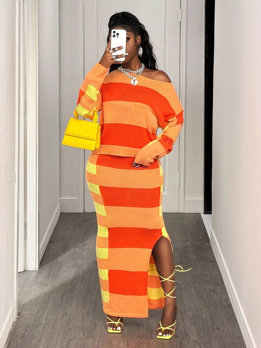 BamGleam 女式休闲条纹宽松上衣和条纹开衩下摆裙套装 - 香檳色 - 查看 1